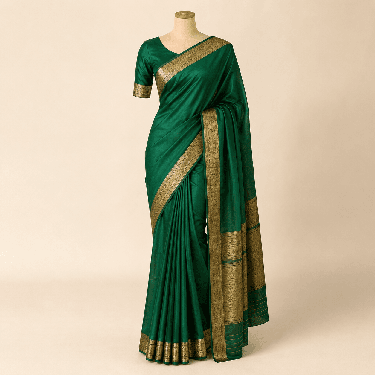 Emerald Green Silk Saree with Golden Border